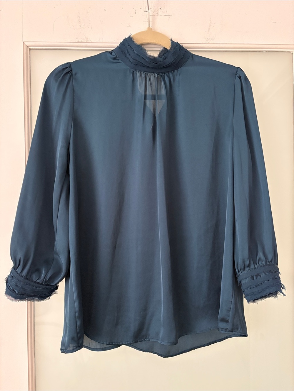 New ZARA Navy Sheer High-Neck Blouse | Frayed Trim Detail | Size XS